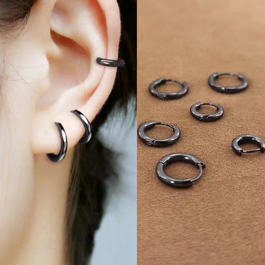 Women's Men's Small Black Round Huggie Hoop Earrings Surgical Steel Trendy Jewelry