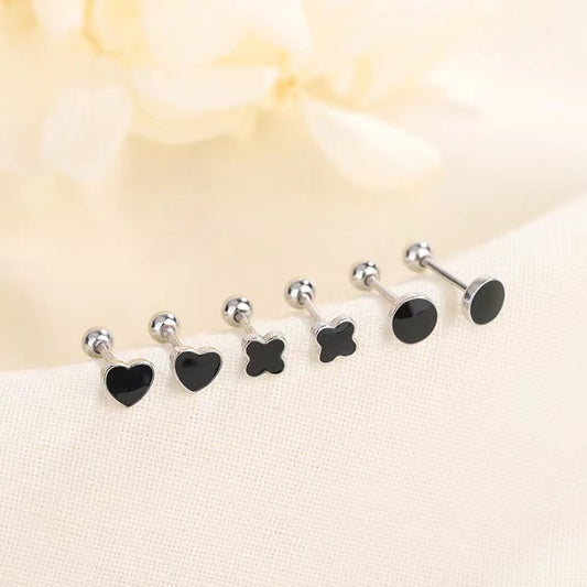 Women Small Black Star Heart Square Screw Back Stud Earrings Trendy Jewelry Surgical Steel