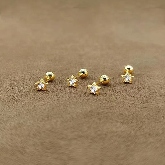 Women Gold Small Star CZ Crystal Screw Back Stud Earrings Dainty Jewelry Surgical Steel