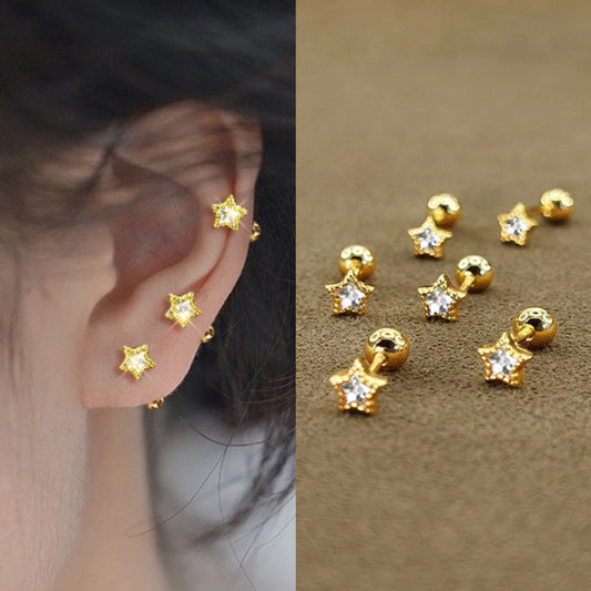 Women Gold Small Star CZ Crystal Screw Back Stud Earrings Dainty Jewelry Surgical Steel
