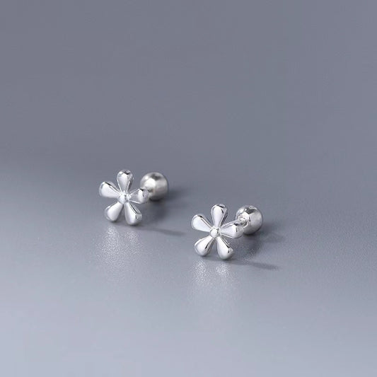 Women Silver Small Little Flower Screw Back Stud Earrings Trendy Dainty Jewelry Surgical Steel