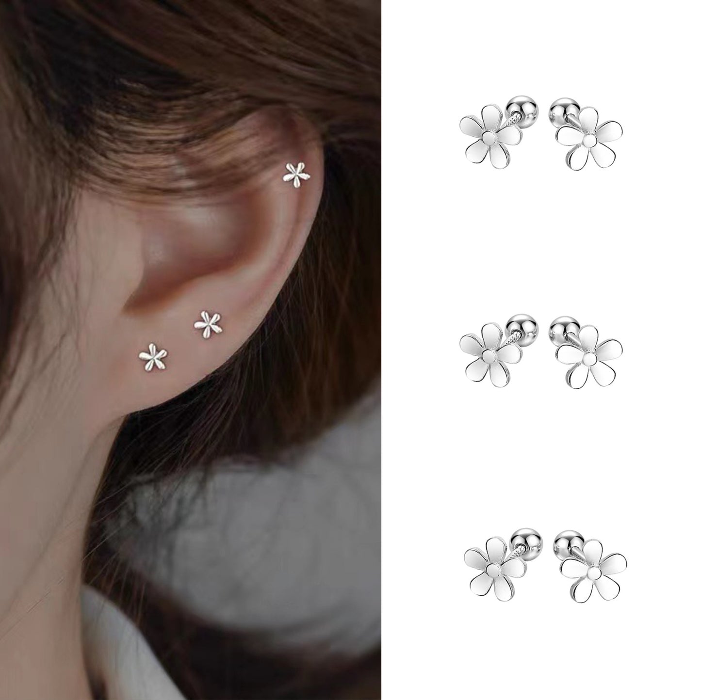 Women Silver Small Little Flower Screw Back Stud Earrings Trendy Dainty Jewelry Surgical Steel