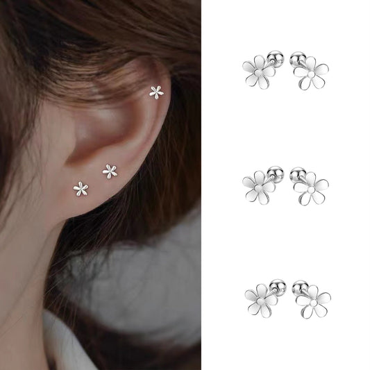 Women Silver Small Little Flower Screw Back Stud Earrings Trendy Dainty Jewelry Surgical Steel