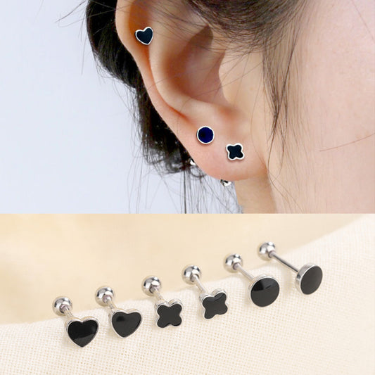 Women Small Black Star Heart Square Screw Back Stud Earrings Trendy Jewelry Surgical Steel