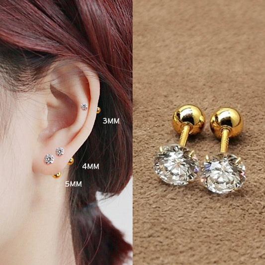 Surgical Steel Gold Round CZ Stone Screw Back Stud Earrings For Women Girls