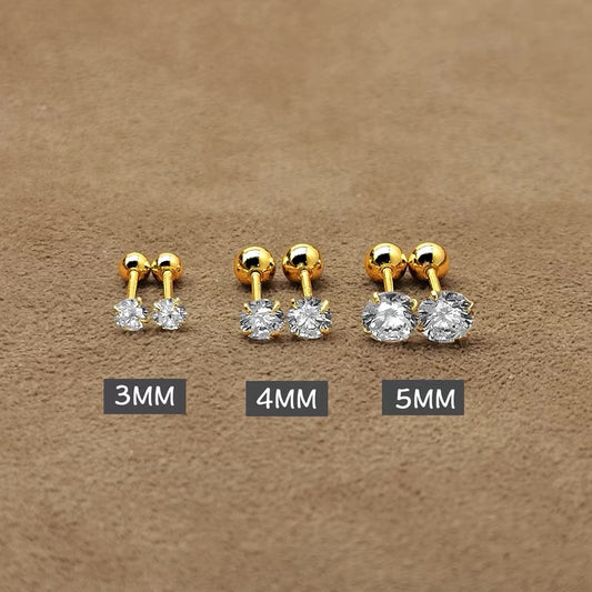 Surgical Steel Gold Round CZ Stone Screw Back Stud Earrings For Women Girls